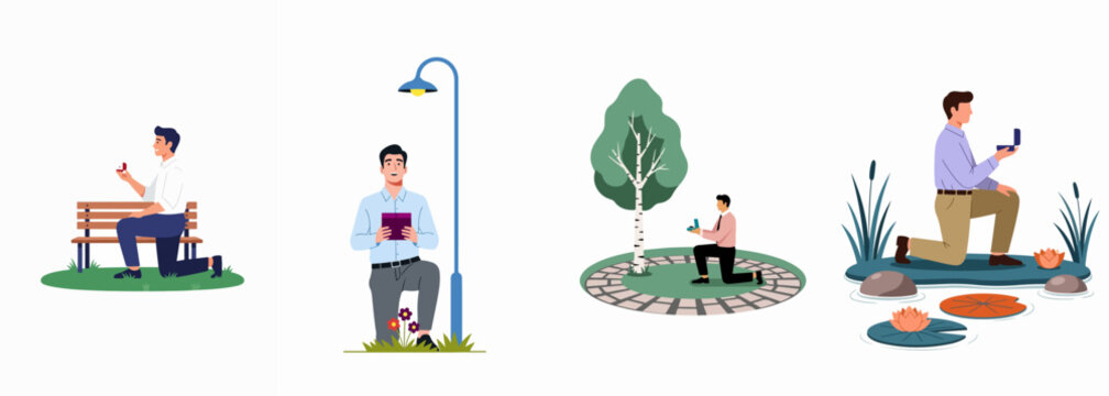 Collection of vector illustrations showing a man on one knee proposing with an engagement ring in various outdoor locations.