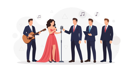Obraz premium Live Music Performance: Female Singer and Male Band with Guitar and Backup Vocals