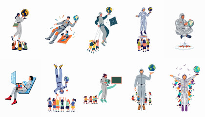 Fototapeta premium Set of flat vector illustrations depicting astronauts and children engaged in space education, science discovery, and global learning on a white background.