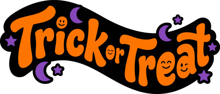 Halloween trick or treat sign with pumpkins stars and moons