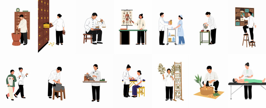 Collection of flat vector illustrations depicting traditional Chinese medicine practices, including herbal preparation, acupuncture, and consultation in a clinic setting.