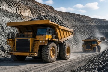 Obraz premium Mining dump trucks transporting ore along haul road in quarry