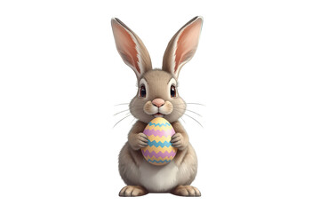 Fototapeta premium Easter bunny character holding colorful decorated egg celebrating spring holiday isolated with transparent background