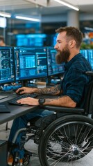 Obraz premium Man in wheelchair coding on multiple monitors in a modern office environment