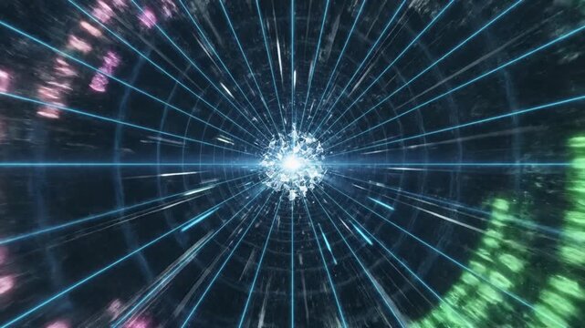 Abstract digital tunnel featuring glowing binary code, neon grid lines, and transparent geometric shapes representing data flow in cyberspace