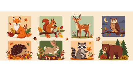 Fototapeta premium Cute illustrated forest animals and wildlife in autumn setting, perfect for kids educational materials, nature themes, and seasonal decor