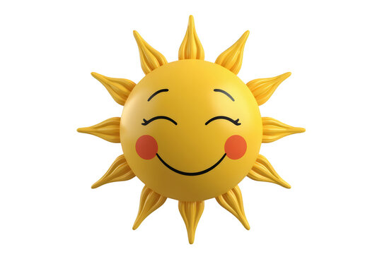 Yellow 3d sun smiling happy face cartoon character symbolizing summer weather and solar energy, transparent background