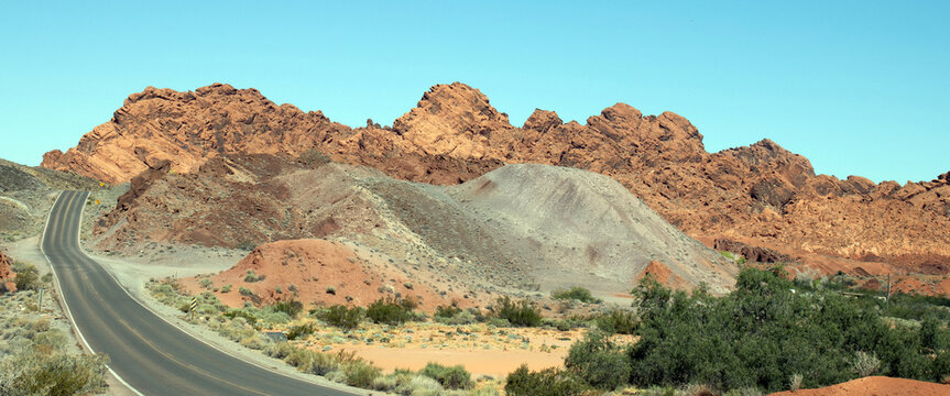 Panorama of Nevada Highway 169 as it passes through Valley of Fire State Park on its way from I-15 to Lake Mead