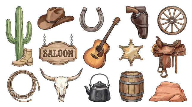 Collection of various Wild West themed items, featuring classic cowboy accessories, desert plants, and frontier elements in a vibrant illustration.