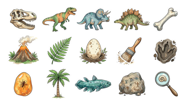 Prehistoric creatures, dinosaur fossils, ancient plants, and archaeological tools are presented in a colorful set of educational illustrations.