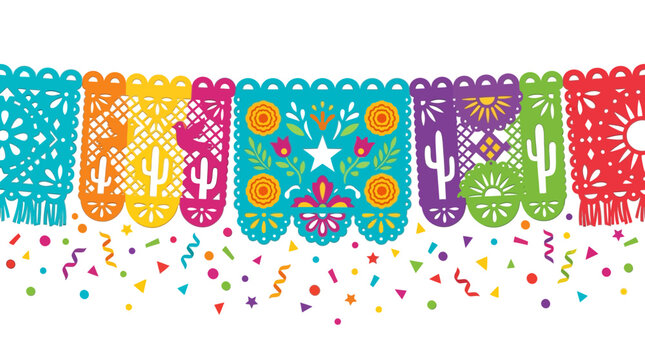 Colorful traditional paper banners with festive confetti on white background