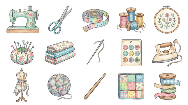 Sewing machine, scissors, measuring tape, thread, pincushion, fabric, needle, and other charming crafting tools and supplies are beautifully illustrated in a delightful collection.