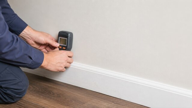Hand using stud finder on interior wall above baseboard
