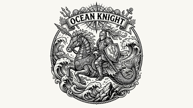 Ocean Knight Riding Seahorse, Mythical Creature, Fantasy Art, Nautical Emblem