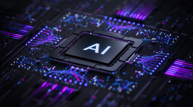 Artificial Intelligence AI Processor Chip on Futuristic Circuit Board with Digital Data Network