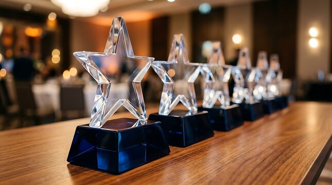 Row of glass star award trophies displayed on a wooden table at a corporate event
