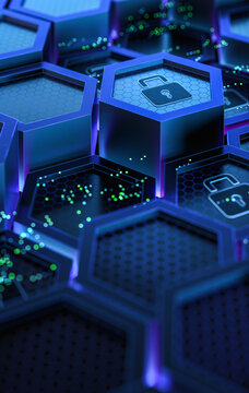 Digital Security Lock Icon on Futuristic Hexagonal Grid
