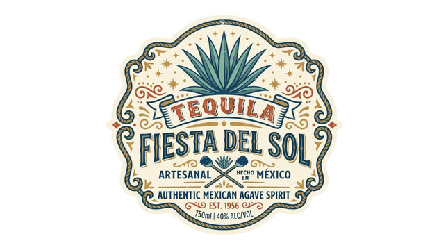 Vintage Agave Spirit Beverage Label with Decorative Ornamental Elements