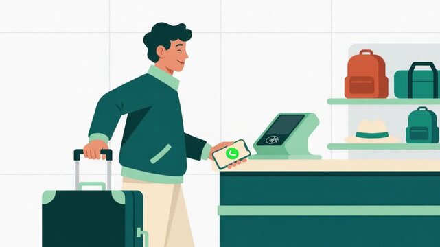 Man using smartphone for contactless payment at travel shop