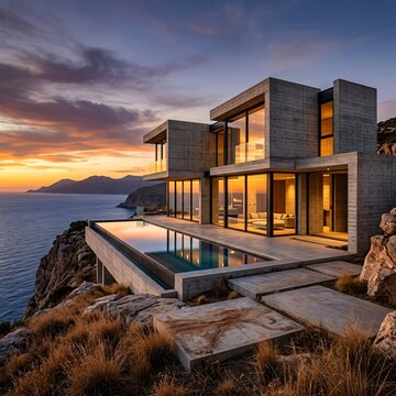 Modern cliffside villa with pool at sunset overlooking ocean