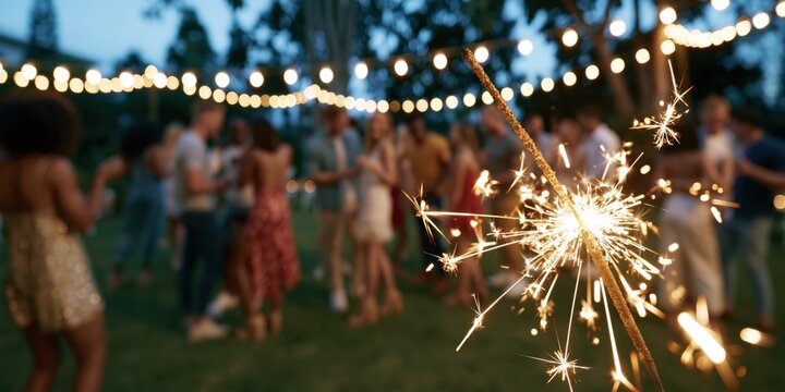 A brightly lit sparkler in the foreground, casting a warm glow, with a festive backyard party in the background. 4th july, memorial. independence
