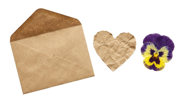 Vintage envelope heart and pansy flower arrangement.