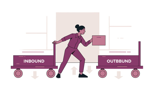 Logistics worker moving box between inbound and outbound carts