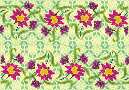 A very unique motif of Indonesian batik style flowers, with pastel colors.