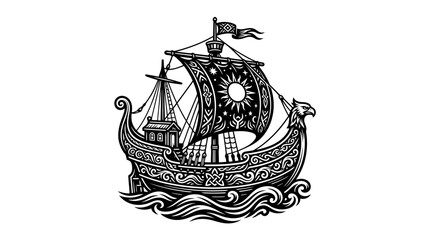 Ornate Viking Ship with Celestial Sails on Wavy Sea © sola