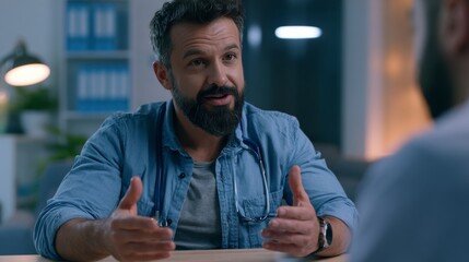 Naklejka premium Doctor in casual attire with stethoscope discusses patient's health at desk
