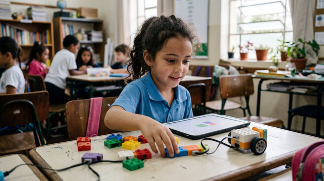 Little Innovator: A young girl in a classroom enthusiastically engages with a robotic kit, her hands busy arranging colorful blocks as she learns to code and build.