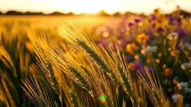 Golden Grain Heads and Colorful Wildflowers Glowing in Warm Sunset Light in 4K