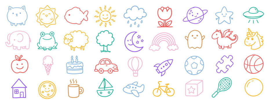 Colorful hand drawn kindergarten doodle elements set, vector file