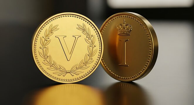 Shiny Gold Coins with V and Crown Inlay