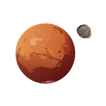 Realistic watercolor style illustration of the red planet Mars with its small cratered moon Phobos orbiting it, isolated on a white background.