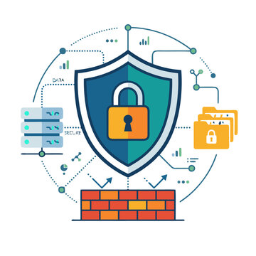 Flat vector illustration of cybersecurity concept featuring a large shield with a padlock, a brick firewall, secure data servers, and locked folders isolated on white background.
