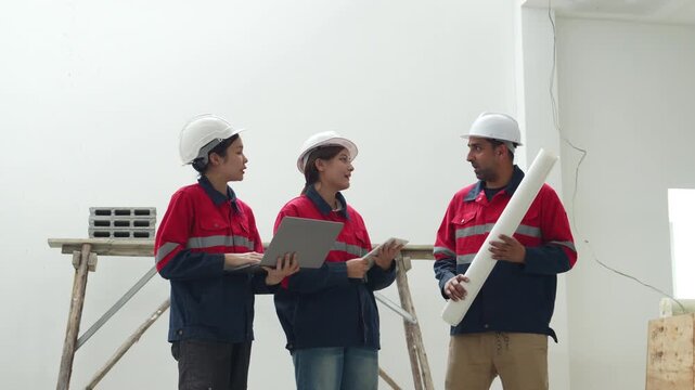 Construction workers reviewingproject plans at an indoor building site, ensuring teamwork, quality inspection and project management.