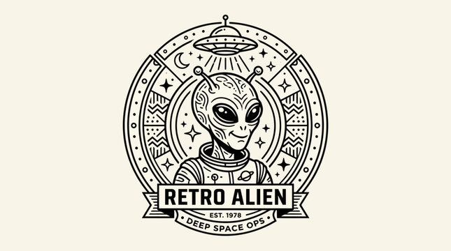 Retro Alien Logo Emblem with UFO and Space Elements, Vintage Sci-Fi Design