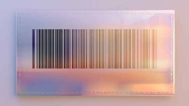 A transparent voucher features a barcode strip against a background of sunset colors transitioning from blue to peach with soft reflections.