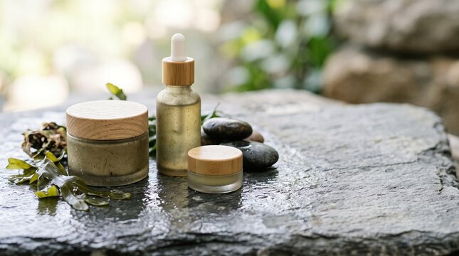 Cosmetic skincare products in sustainable bioplastic packaging on stone