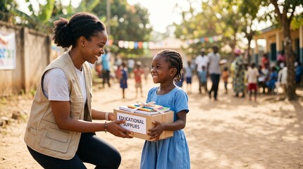 Aid worker handing a food package to a young girl in a rural village setting