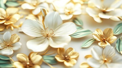 Fototapeta premium Delicate paper flowers in white and gold with green leaves for spring