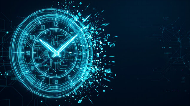 Futuristic Glowing Digital Clock Exploding into Cyber Particles on Dark Blue Tech Background