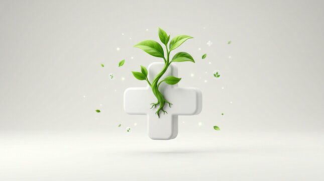 Stylized Seed Sprout Emerging From A Medical Cross Symbol 3D Render Concept
