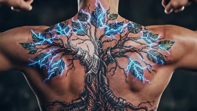 Intricate mechanical tree tattoo on man's muscular back