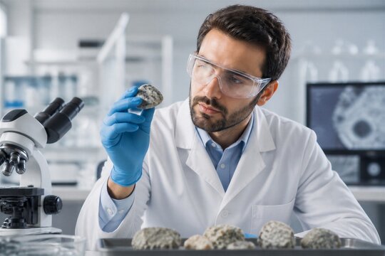 Male scientist examining rock samples in laboratory setting