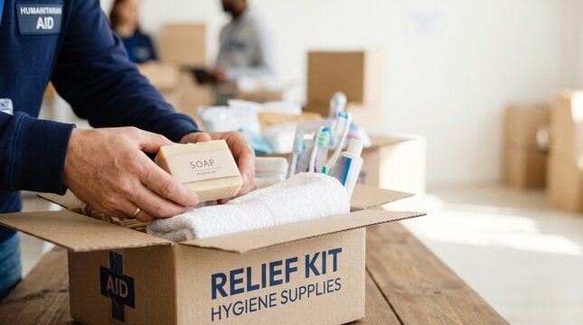Hands Packing Hygiene Supplies in Cardboard Relief Kit Box on Wooden Table