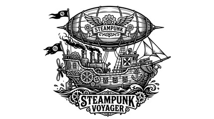 Steampunk Airship Voyager with Gears and Smoke, Vintage Style © gundul