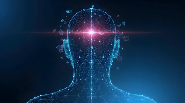 A glowing digital human head composed of interconnected neural networks representing artificial intelligence and advanced machine learning processes emerging from a dark blue abstract data background