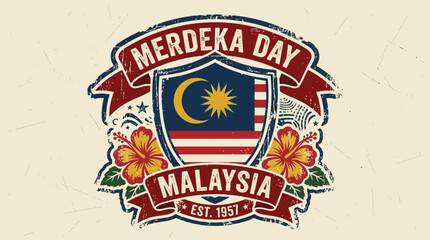 Fototapeta premium Merdeka Day Malaysia badge with flag and flowers